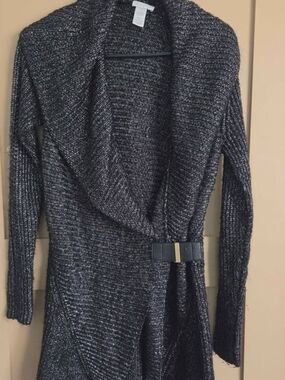 Cache Metallic Black Open-Front Ribbed Cardigan with Waist Accent